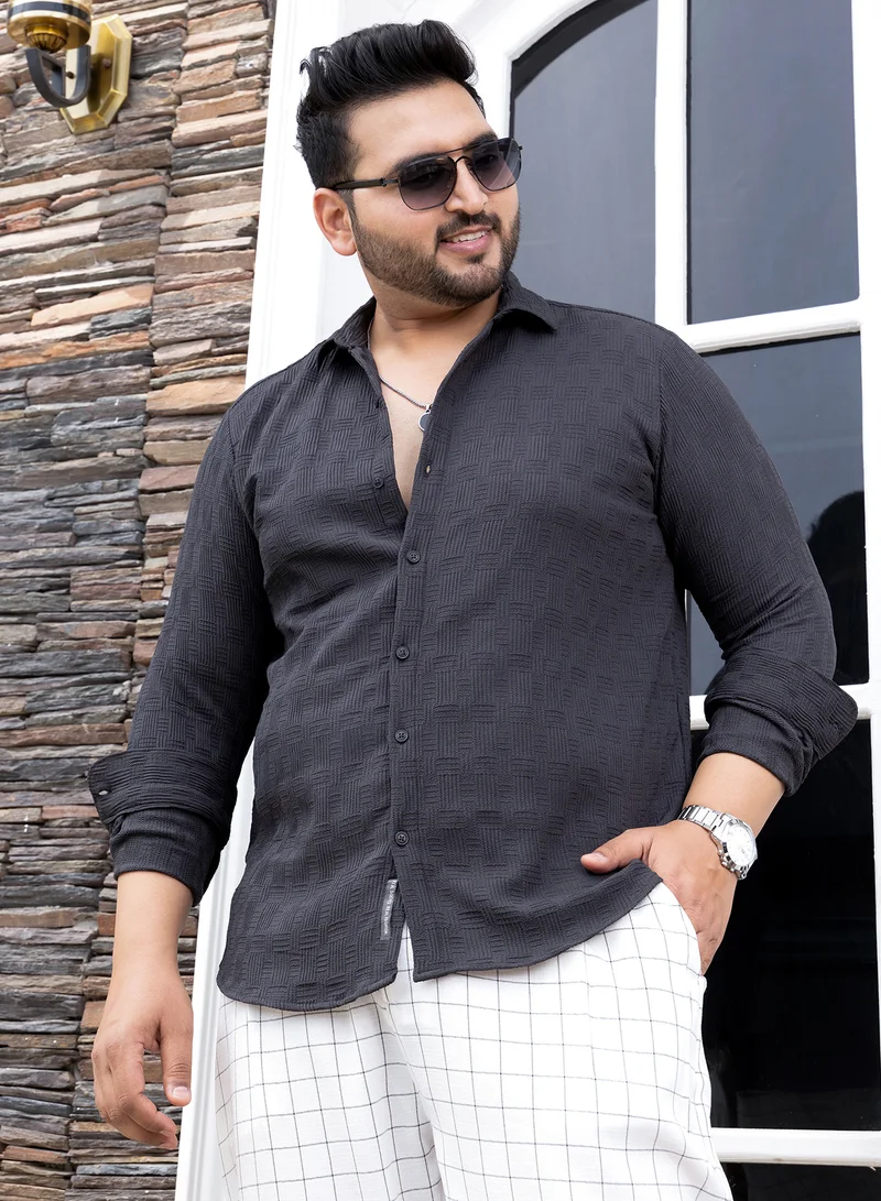 Instafab Plus Instafab Plus Men's Charcoal Grey Warpwelt-Tactile Shirt For Casual Wear | Spread Collar | Long Cuffed Sleeves | Button Closure | Plus Size Shirt Crafted With Comfort Fit For Everyday Wear