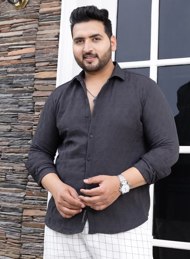 Instafab Plus Instafab Plus Men's Charcoal Grey Warpwelt-Tactile Shirt For Casual Wear | Spread Collar | Long Cuffed Sleeves | Button Closure | Plus Size Shirt Crafted With Comfort Fit For Everyday Wear