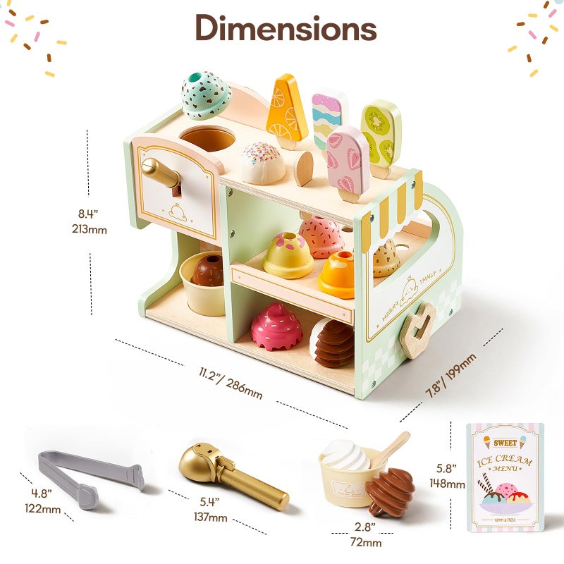 Giant bean Wooden Ice Cream Play Set, with Drop-Down Dispenser, Play Kitchen Accessories with Cones, Popsicles, Scoops, Play Money & Menu, Ice Cream Toy for Kids Ages 3+, Birthday - Image 5