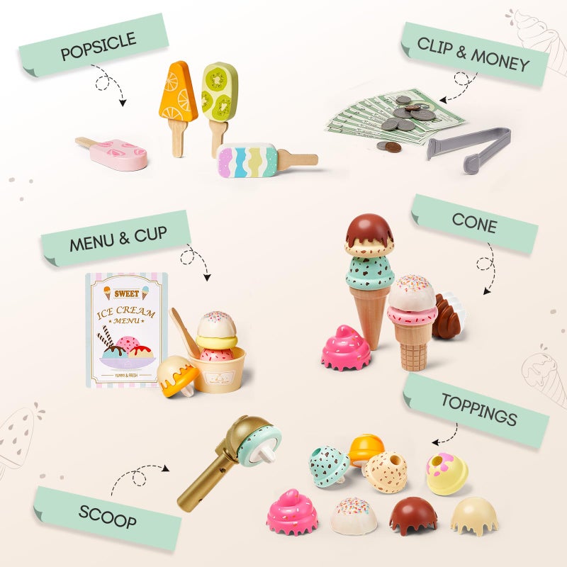 Giant bean Wooden Ice Cream Play Set, with Drop-Down Dispenser, Play Kitchen Accessories with Cones, Popsicles, Scoops, Play Money & Menu, Ice Cream Toy for Kids Ages 3+, Birthday - Image 3
