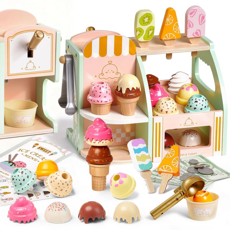Giant bean Wooden Ice Cream Play Set, with Drop-Down Dispenser, Play Kitchen Accessories with Cones, Popsicles, Scoops, Play Money & Menu, Ice Cream Toy for Kids Ages 3+, Birthday - Image 1