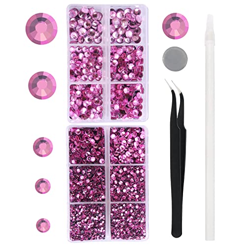 MEIBITE 6796PCS Pink Hotfix Rhinestones Crystal Stones Glass for Fabric Clothes Shirts Sparkly Flat Back Round with Tweezers and Picking Pen SS6SS30 Set