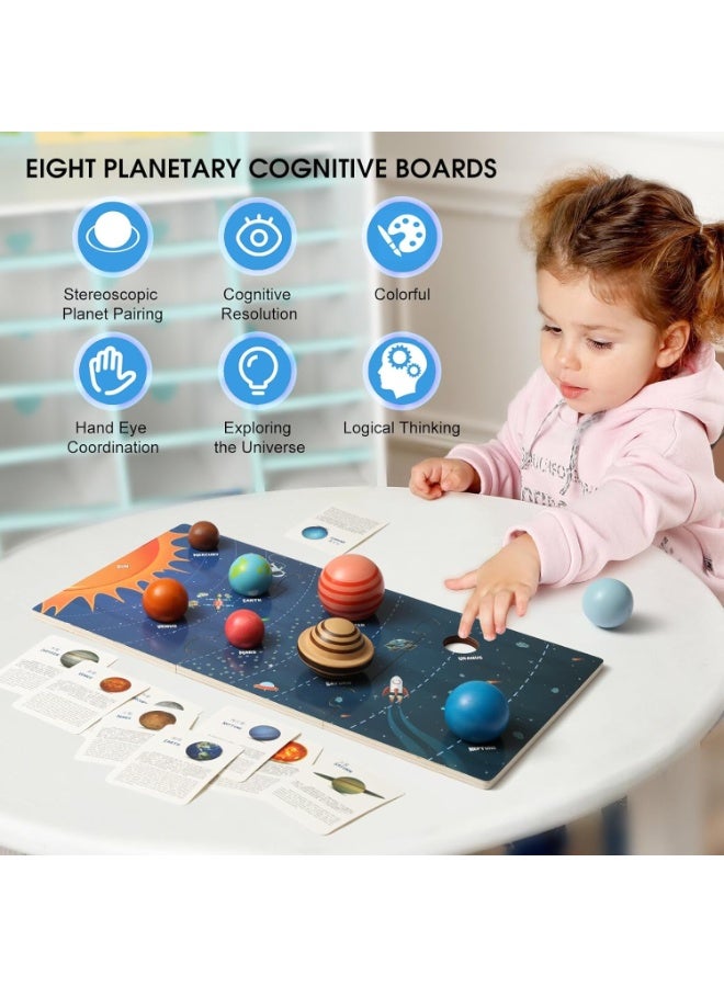 DURKU Wooden Solar System Model Board, Montessori Toys Planets Puzzle Science STEM Space Learning for Kids 4-8 with 3D Planets Models,Space Knowledge Flash Cards Learning Toys for Boys Girls - Image 2