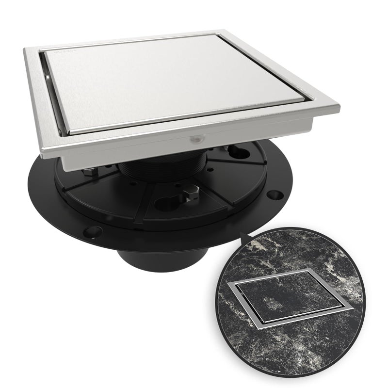 WEBANG 6 Inch Square Shower Drain Brushed Floor Drain with Flange Reversible 2in1 Cover Tile Insert Grate Removable SUS304 Stainless Steel CUPC Certified Brushed