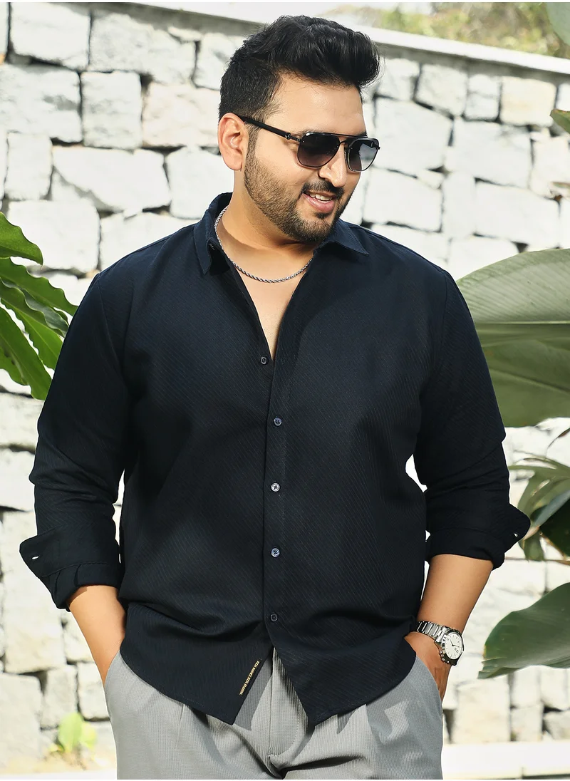 انستافاب بلس Instafab Plus Men's Navy Blue Slanted-Trough Shirt For Casual Wear | Spread Collar | Long Cuffed Sleeves | Button Closure | Plus Size Shirt Crafted With Comfort Fit For Everyday Wear