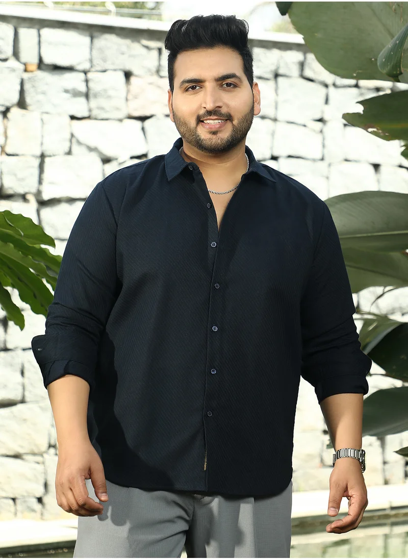 انستافاب بلس Instafab Plus Men's Navy Blue Slanted-Trough Shirt For Casual Wear | Spread Collar | Long Cuffed Sleeves | Button Closure | Plus Size Shirt Crafted With Comfort Fit For Everyday Wear