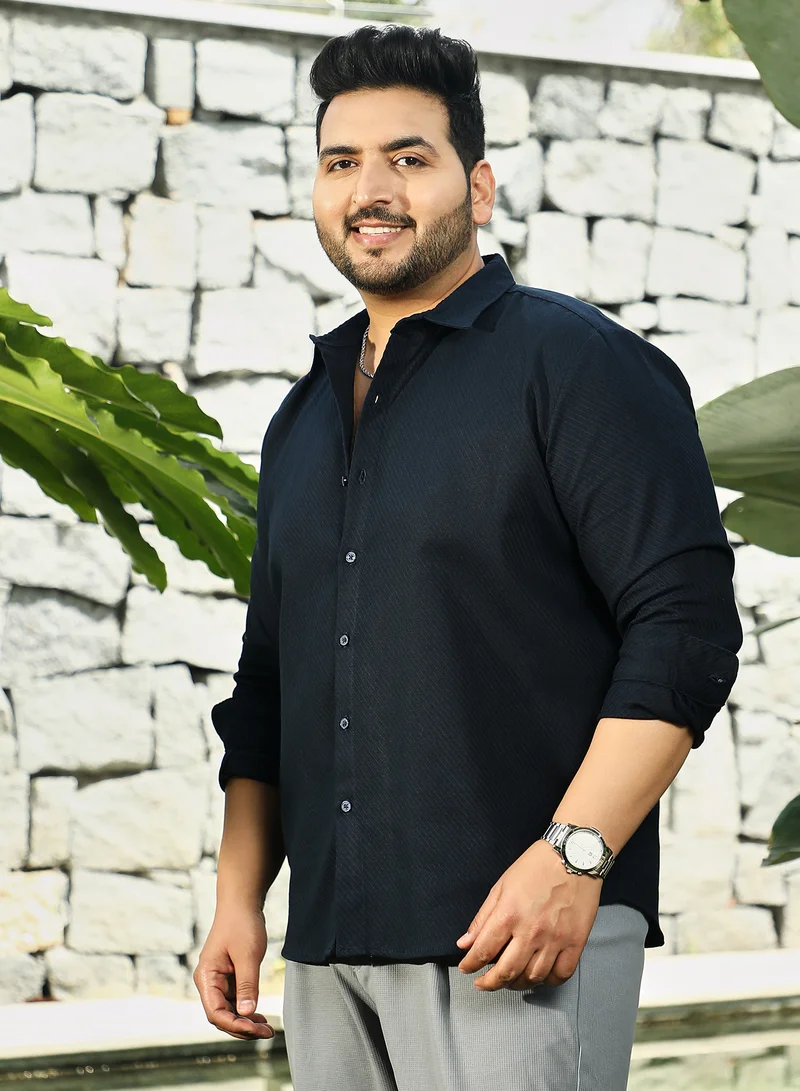 Instafab Plus Instafab Plus Men's Navy Blue Slanted-Trough Shirt For Casual Wear | Spread Collar | Long Cuffed Sleeves | Button Closure | Plus Size Shirt Crafted With Comfort Fit For Everyday Wear