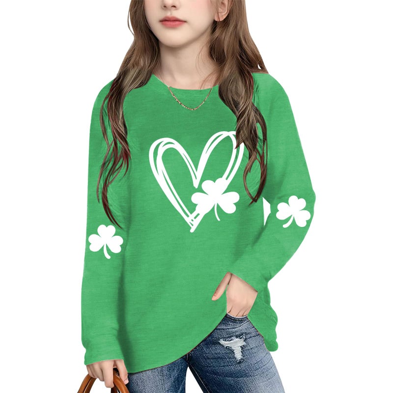 Grezea Kids St Patricks Day Shirt Boys Girls Toddler Cute Love Heart Long Sleeve Casual Tee Tops Green - Image 1