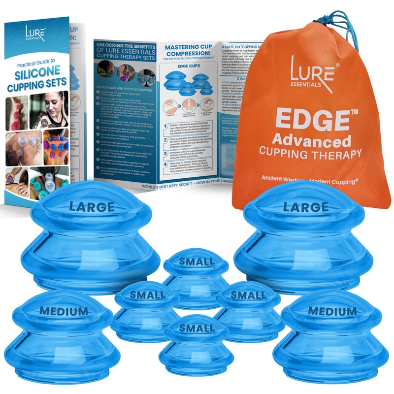 EDGE Silicone Cupping Set Cupping Kit for Massage Therapy Long Lasting Cups for Professional Home Use Body Sculpt Cup for Cellulite FSA HSA Eligible Ultra Transparent Blue 8 count
