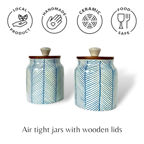 BACKKSPACE RETAIL Air Tight Ceramic Jar Barni with Wooden Lid | Pack of 1 | 480 ml Capacity | Multipurpose Storage - Ideal for Storing Sugar, Spice, Coffee, Pulses, Salt (Sky Blue Lines) - Image 5