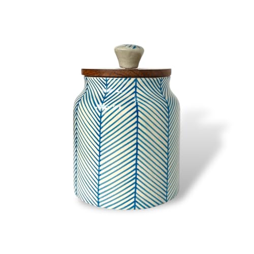 BACKKSPACE RETAIL Air Tight Ceramic Jar Barni with Wooden Lid | Pack of 1 | 480 ml Capacity | Multipurpose Storage - Ideal for Storing Sugar, Spice, Coffee, Pulses, Salt (Sky Blue Lines) - Image 1