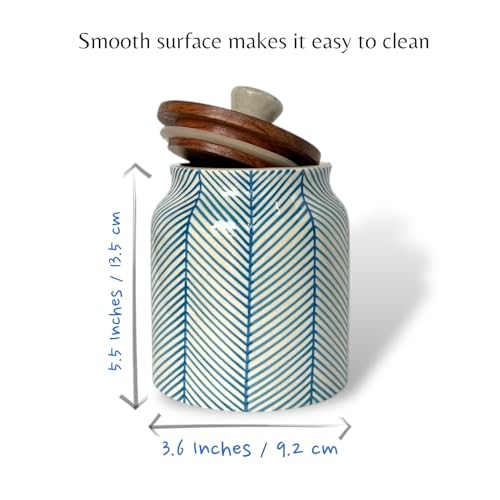 BACKKSPACE RETAIL Air Tight Ceramic Jar Barni with Wooden Lid | Pack of 1 | 480 ml Capacity | Multipurpose Storage - Ideal for Storing Sugar, Spice, Coffee, Pulses, Salt (Sky Blue Lines) - Image 3