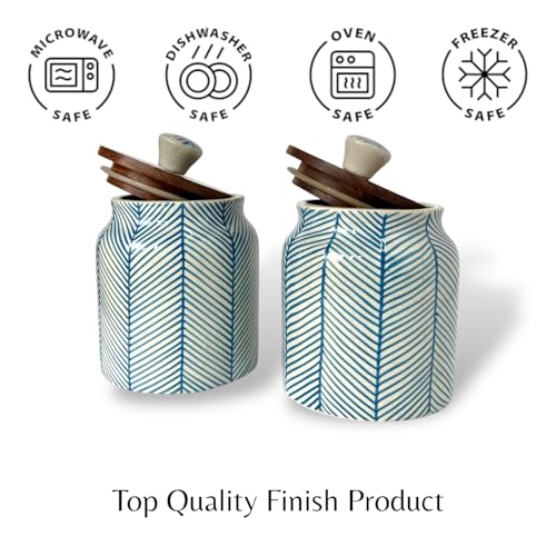 BACKKSPACE RETAIL Air Tight Ceramic Jar Barni with Wooden Lid | Pack of 1 | 480 ml Capacity | Multipurpose Storage - Ideal for Storing Sugar, Spice, Coffee, Pulses, Salt (Sky Blue Lines) - Image 4
