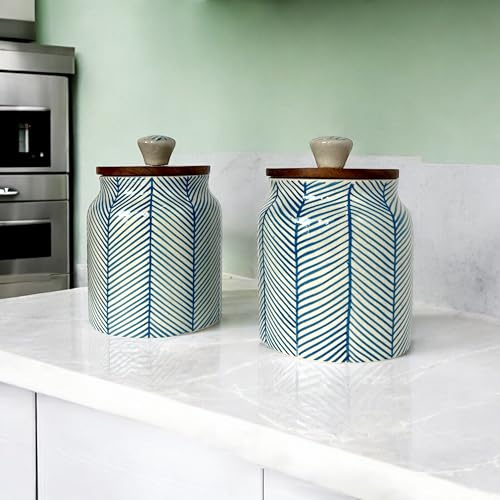 BACKKSPACE RETAIL Air Tight Ceramic Jar Barni with Wooden Lid | Pack of 1 | 480 ml Capacity | Multipurpose Storage - Ideal for Storing Sugar, Spice, Coffee, Pulses, Salt (Sky Blue Lines) - Image 2