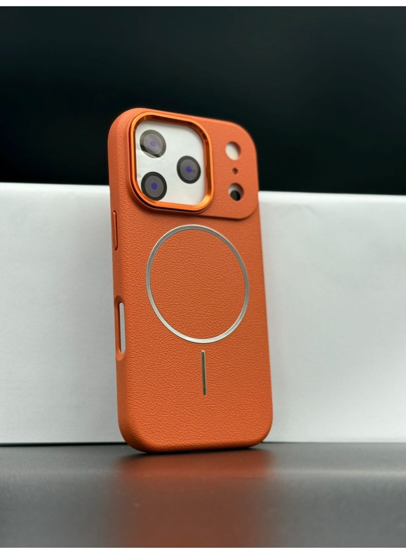 general Premium MagSafe Leather Texture Case for iPhone 17 Pro – Shockproof, Slim & Magnetic Wireless Charging Compatible (Orange) - Image 1
