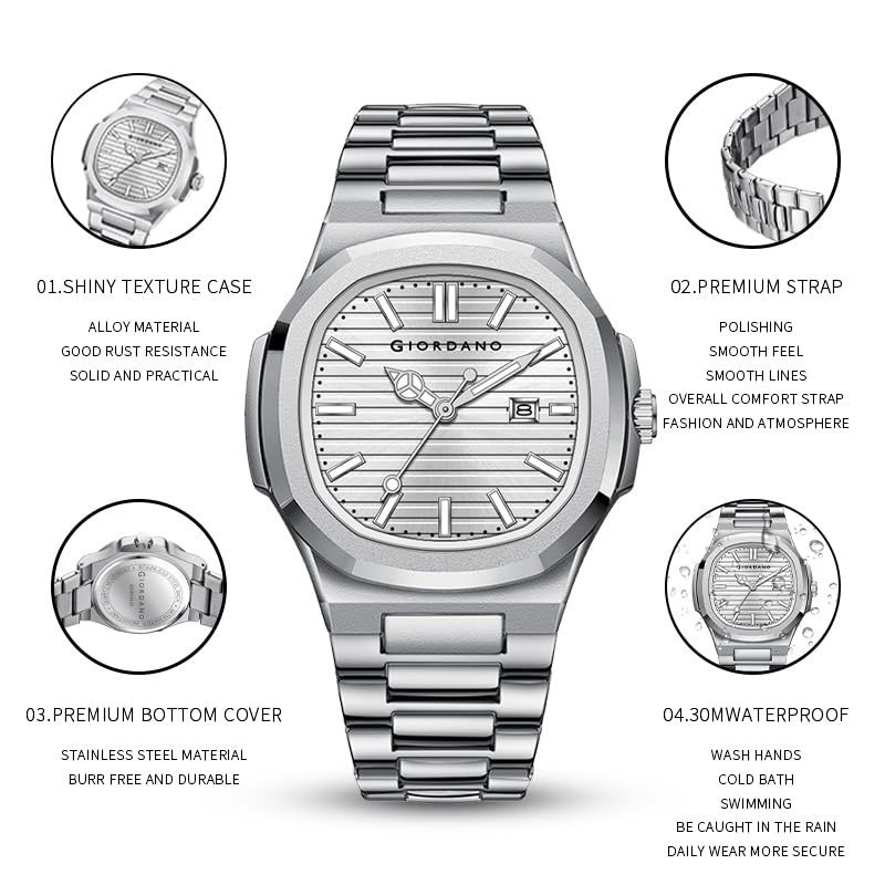 Giordano Analog Watch for Men – Textured Dial, Stainless Steel Strap, Date Display, Quartz Movement, Water Resistant - Image 5