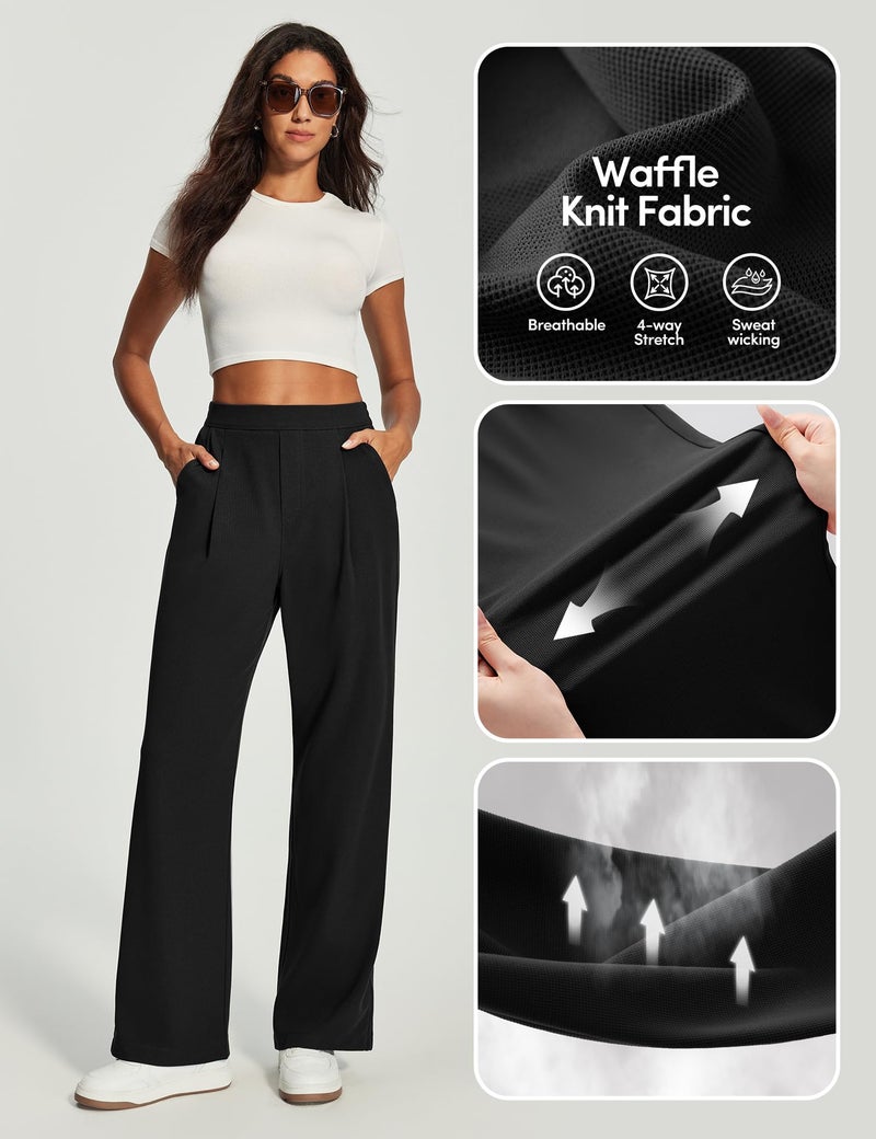 IUGA Wide Leg Pants Woman Pull on Dress Pants Women High Waisted Stretchy Work Pants Business Casual Trousers with Pockets Black - Image 3