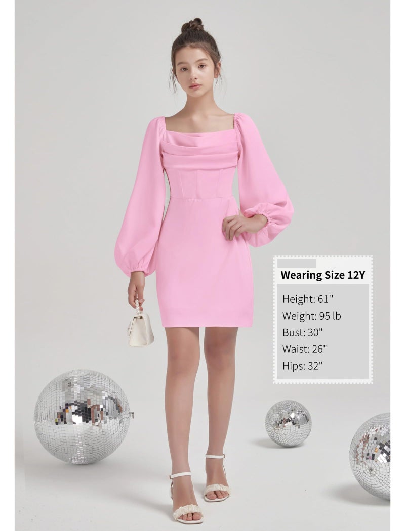EXARUS Girls Formal Long Sleeve Dress Teen Party Dance Cocktail Tween Junior Wedding HOCO Mini Elegant Dresses Pink 10 Years - Image 5