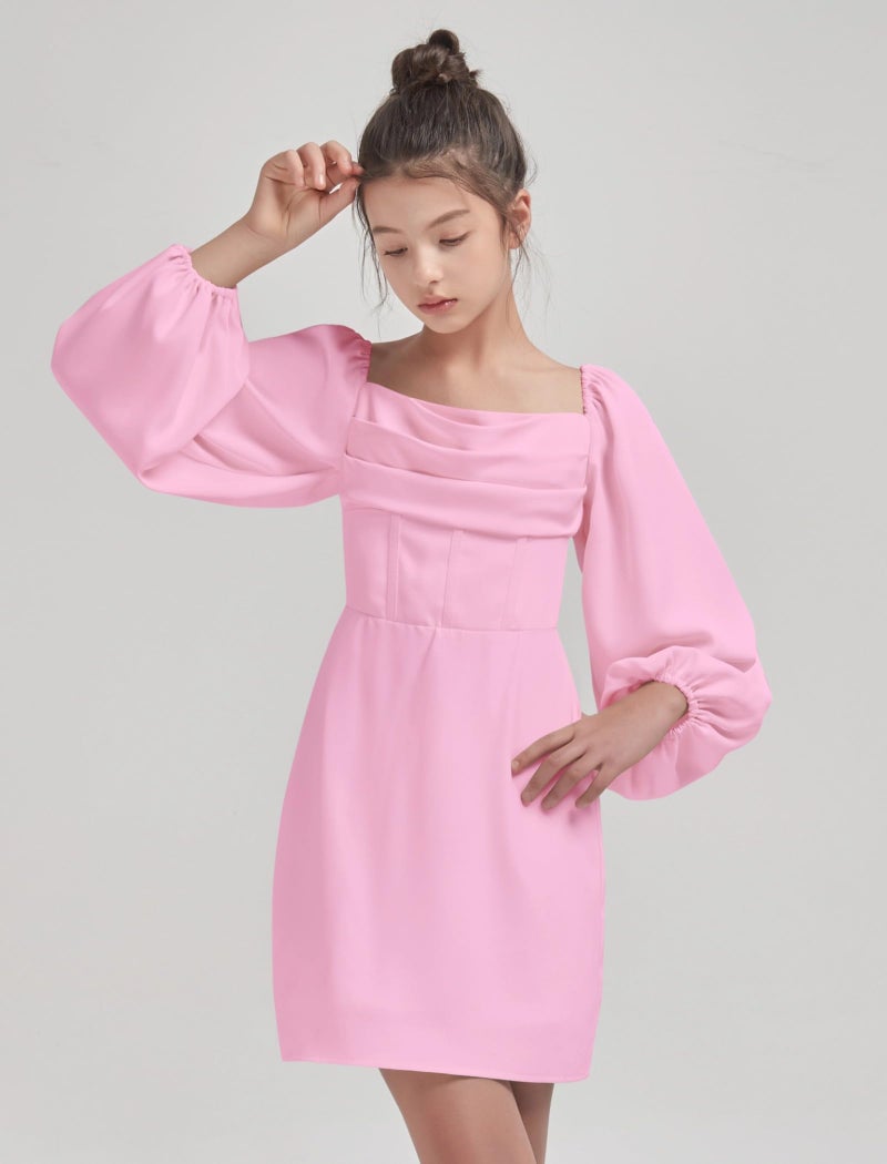 EXARUS Girls Formal Long Sleeve Dress Teen Party Dance Cocktail Tween Junior Wedding HOCO Mini Elegant Dresses Pink 10 Years - Image 4