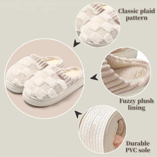 VTTDB Checkered Slipper House Slippers for Women Men Plush Warm Fuzzy Slippers Flyffy Bedroom Shoes Indoor Slip On (5.5-6.5 Women/5-6 Men,Beige,Numeric Range,Medium,5.5,6.5) - Image 4