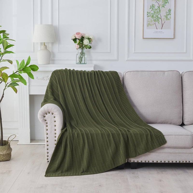 Douceur Olive Green Throw Blanket for Bed, Soft Cozy Lightweight Stripe Pattern Knitted Throw Blanket for Sofa, Kids Room, Living Room, 60"X80" - Image 4