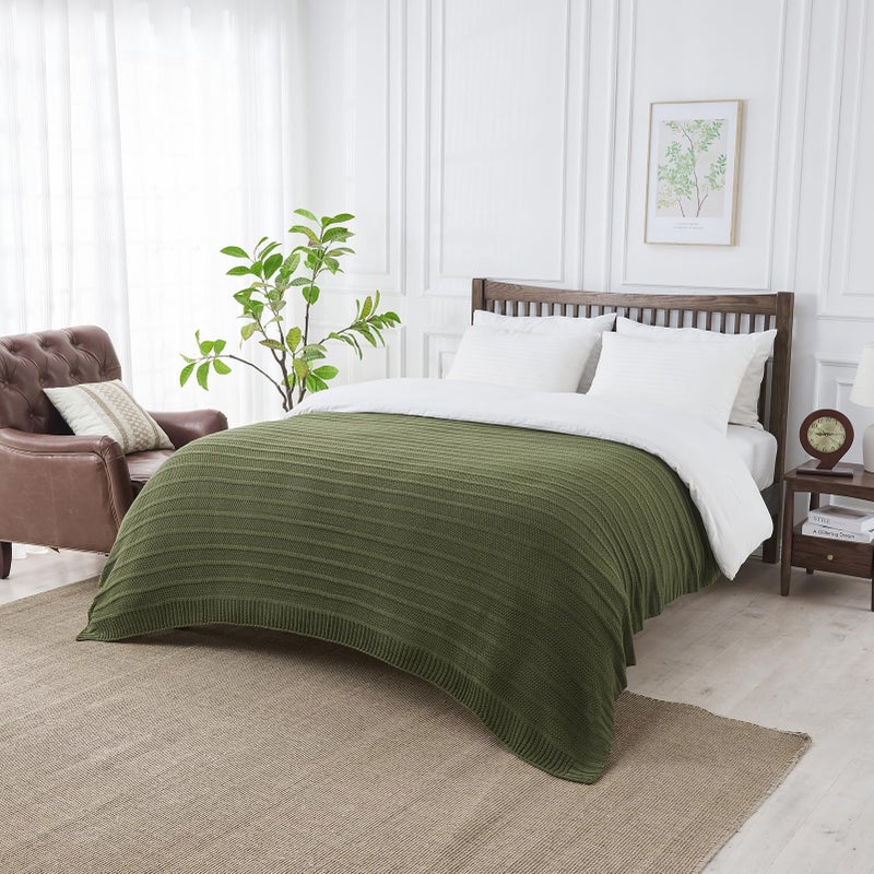 Douceur Olive Green Throw Blanket for Bed, Soft Cozy Lightweight Stripe Pattern Knitted Throw Blanket for Sofa, Kids Room, Living Room, 60"X80" - Image 3