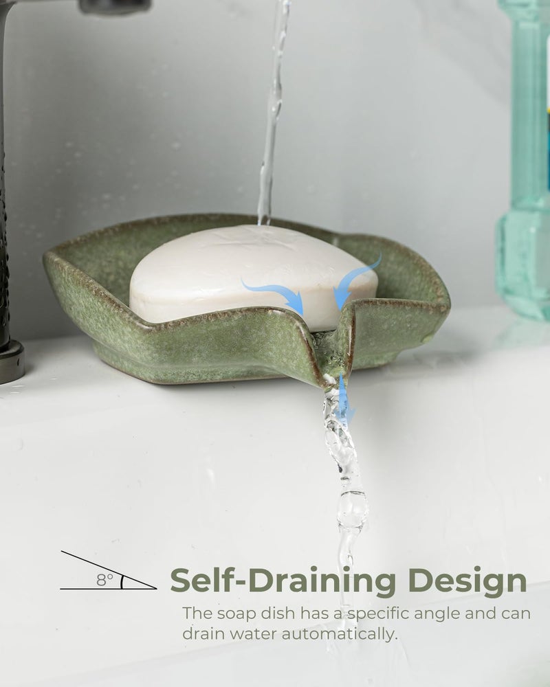 Zoeeker Self Draining Soap Dish, Ceramic Drain Soap Holder Waterfall Design Soap Saver for Shower, Bathroom, Sink, Kitchen and Countertop, Keeps Dry, Green - Image 3