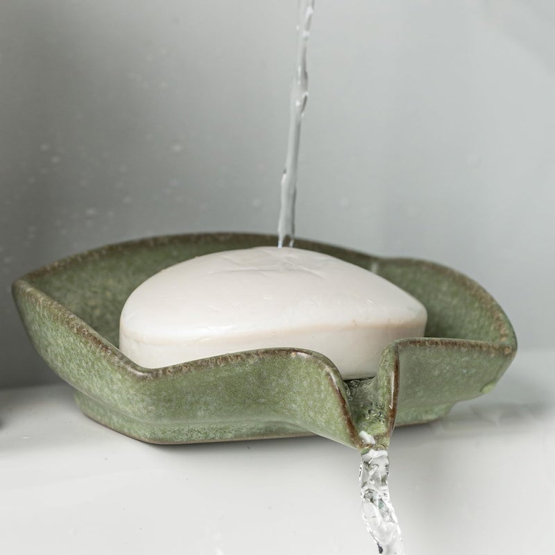 Zoeeker Self Draining Soap Dish, Ceramic Drain Soap Holder Waterfall Design Soap Saver for Shower, Bathroom, Sink, Kitchen and Countertop, Keeps Dry, Green - Image 1