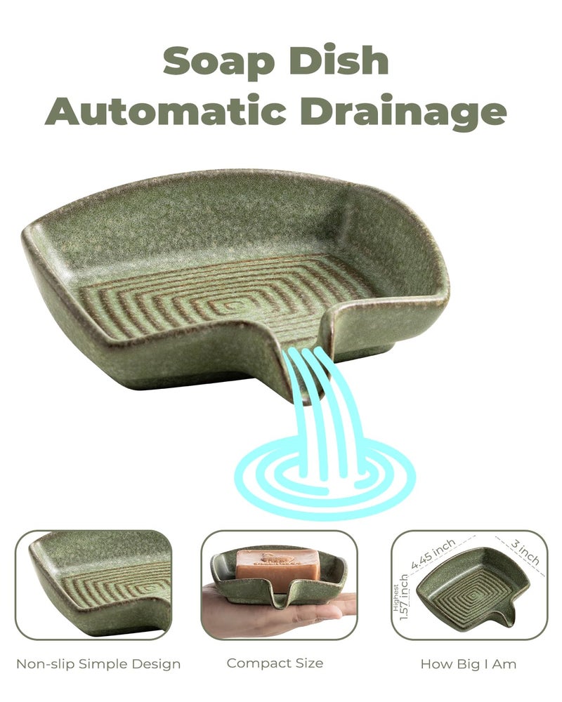 Zoeeker Self Draining Soap Dish, Ceramic Drain Soap Holder Waterfall Design Soap Saver for Shower, Bathroom, Sink, Kitchen and Countertop, Keeps Dry, Green - Image 2