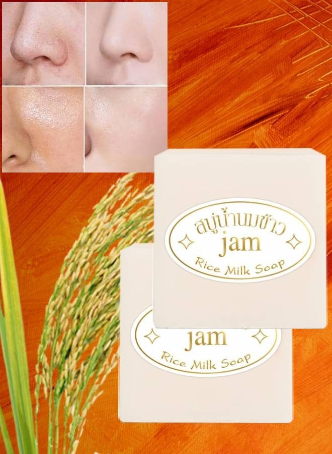 JAM 2Pcs Rice Milk Soap Thailand Rice Handmade Soap Face and Body Cleaning Rice Soap Gentle Moisturizing Deep Cleaning Facial Skin Care Rice Shampoo Bar Rice Water Protein Shampoo Bar 2x65g - Image 1