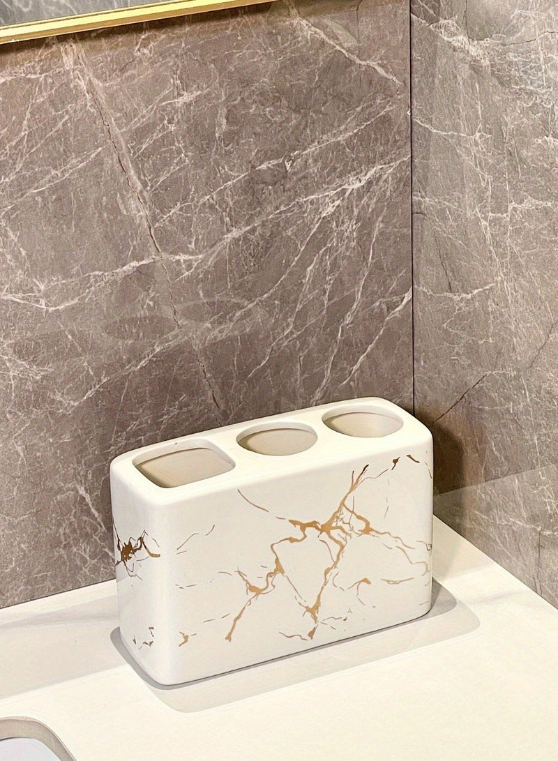 FUKE 1pc Toothbrush Holder Marble Ceramic 3-Hole Freestanding Storage Rack for Bathroom Countertops,Multi-Functional Organizer for Toothbrush and Toothpaste - Image 2