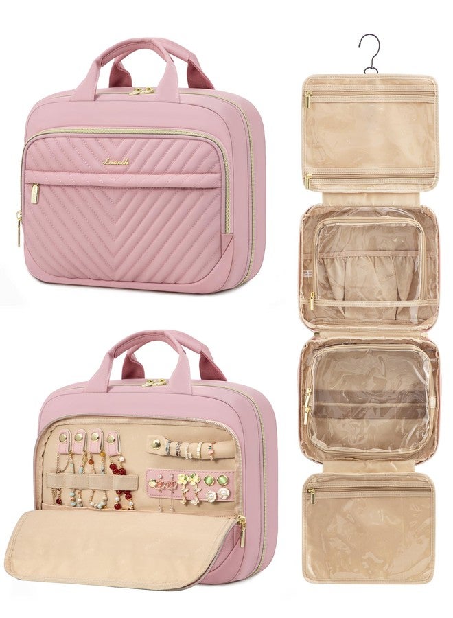 لوف فوك حقيبة أدوات تجميل للسفر من لوففوك للنساء، حقيبة مكياج معلقة مقاومة للماء مع جيب للمجوهرات، حقيبة مستحضرات تجميل محمولة مع حزام للأمتعة للرحلات والتخييم والحمام (وردي، 12.5 بوصة) - Image 1