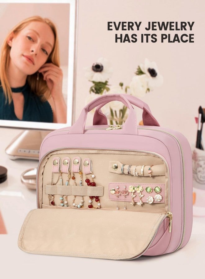 لوف فوك حقيبة أدوات تجميل للسفر من لوففوك للنساء، حقيبة مكياج معلقة مقاومة للماء مع جيب للمجوهرات، حقيبة مستحضرات تجميل محمولة مع حزام للأمتعة للرحلات والتخييم والحمام (وردي، 12.5 بوصة) - Image 3