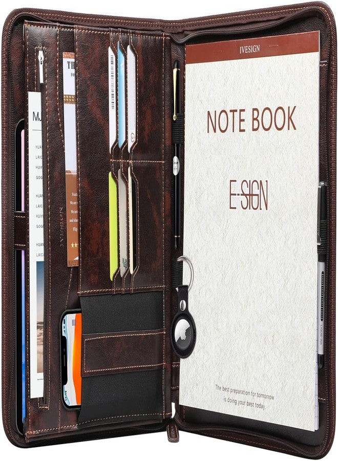 IVESIGN Zippered Padfolio for Women & Men Resume Portfolio Folder Vegan Leather Business Organizer Planner,with Writing Pad Interior 10.1 Inch Tablet Sleeve Dark Brown - Image 1