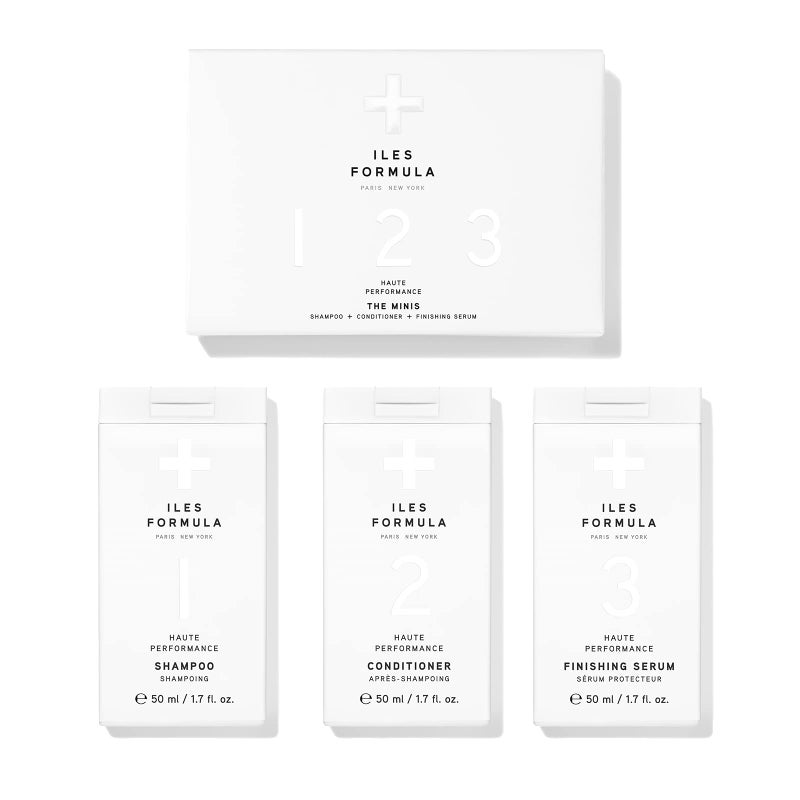 ILES FORMULA Mini Signature Collection Moisturizing Travel Shampoo Conditioner wMini Finishing Serum Blow Dry Cream for Dry Damaged Frizzy Hair Salon Grade AntiFrizz Hydrating Hair Care Set