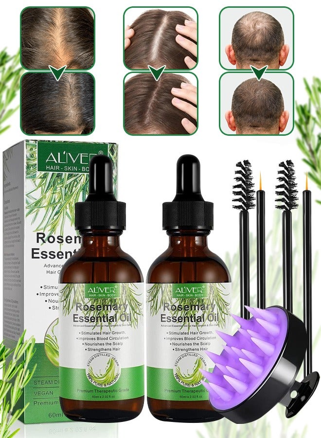 ALIVER 2 Pcs Rosemary Essential Oil with Hair Scalp Massager Brush for Hair Growth Pure Organic Rosemary Oil for Dry Damaged Hair and Growth Hair Scalp Oil Hair Loss Treatment Oil for Men and Women 60ml x 2  - Image 1