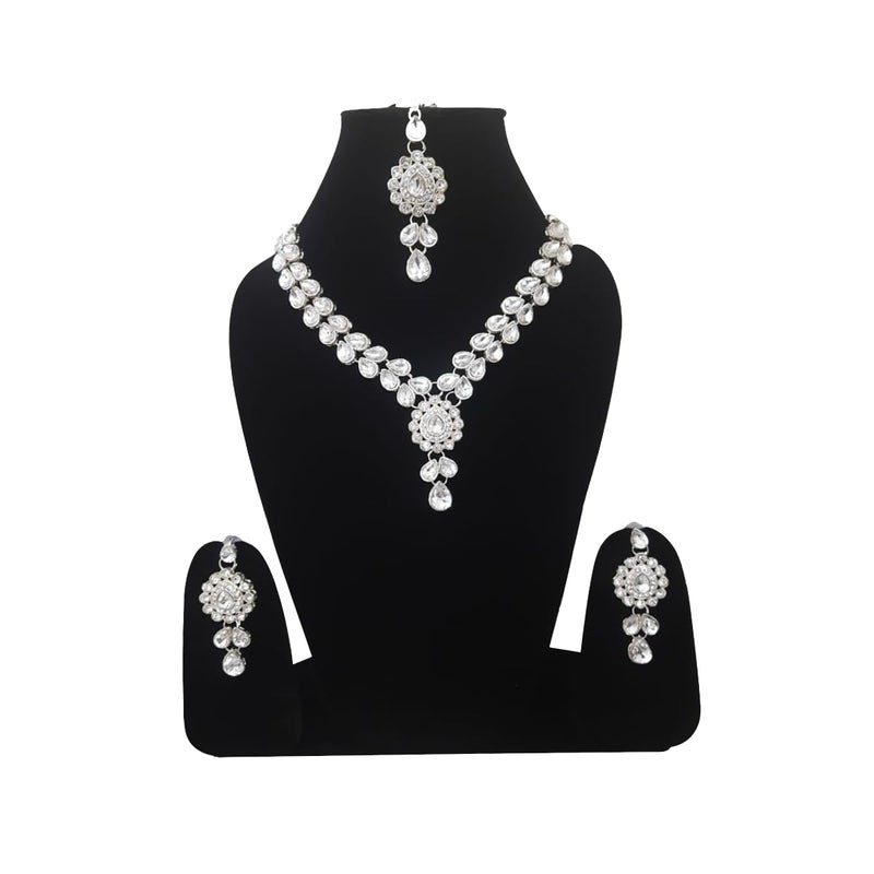 CRUSSTIQUE GOLD Crystal Teardrop Necklace Set with Earrings for Women, Silver-Plated Jewellery Set in White | Elegant Bridal Wedding Necklace and Earring Set - Image 1