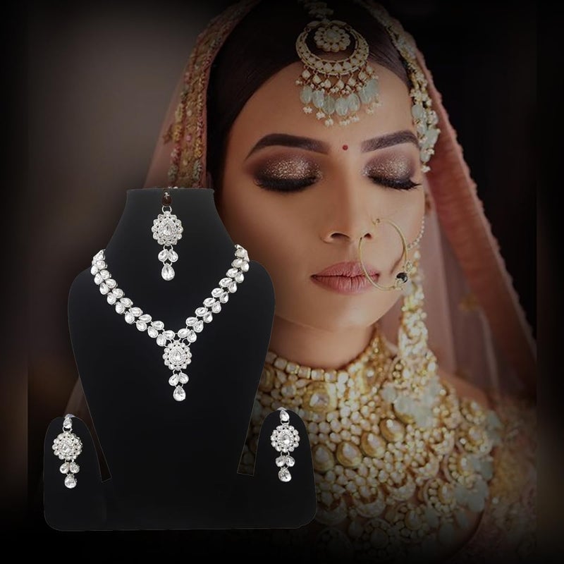 CRUSSTIQUE GOLD Crystal Teardrop Necklace Set with Earrings for Women, Silver-Plated Jewellery Set in White | Elegant Bridal Wedding Necklace and Earring Set - Image 5