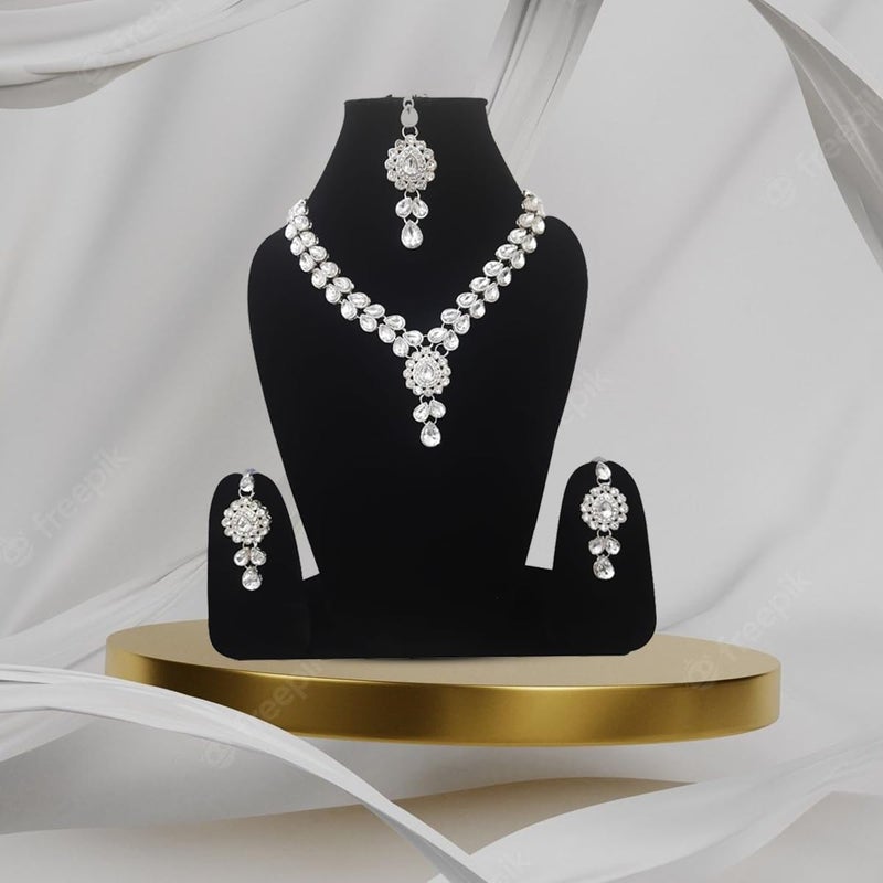 CRUSSTIQUE GOLD Crystal Teardrop Necklace Set with Earrings for Women, Silver-Plated Jewellery Set in White | Elegant Bridal Wedding Necklace and Earring Set - Image 3
