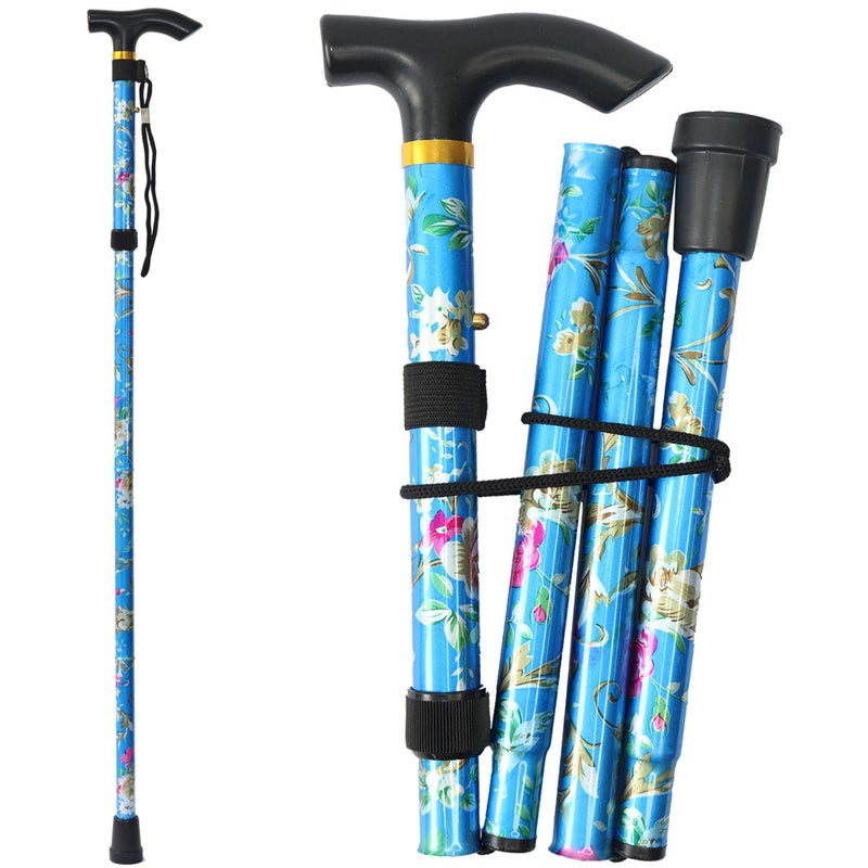 CLOKTA Folding Cane, 5-Level Adjustable Height Lightweight Portable Foldable Walking Canes with Wrist Strap and T Handle for Men Women Seniors (Floral Blue) - Image 1