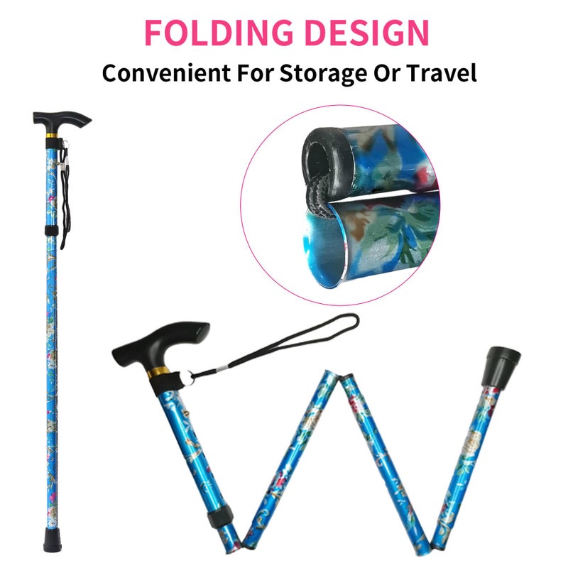 CLOKTA Folding Cane, 5-Level Adjustable Height Lightweight Portable Foldable Walking Canes with Wrist Strap and T Handle for Men Women Seniors (Floral Blue) - Image 4