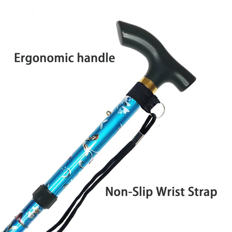 CLOKTA Folding Cane, 5-Level Adjustable Height Lightweight Portable Foldable Walking Canes with Wrist Strap and T Handle for Men Women Seniors (Floral Blue) - Image 5