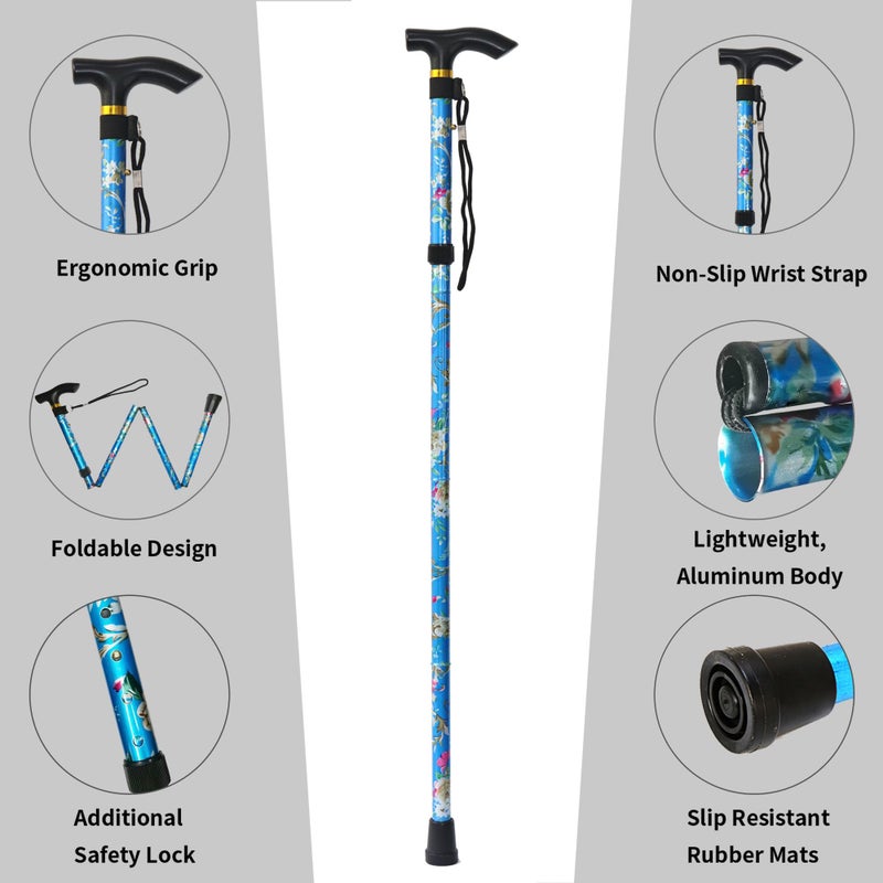CLOKTA Folding Cane, 5-Level Adjustable Height Lightweight Portable Foldable Walking Canes with Wrist Strap and T Handle for Men Women Seniors (Floral Blue) - Image 3