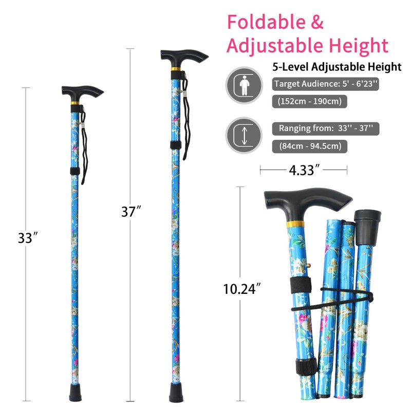 CLOKTA Folding Cane, 5-Level Adjustable Height Lightweight Portable Foldable Walking Canes with Wrist Strap and T Handle for Men Women Seniors (Floral Blue) - Image 2