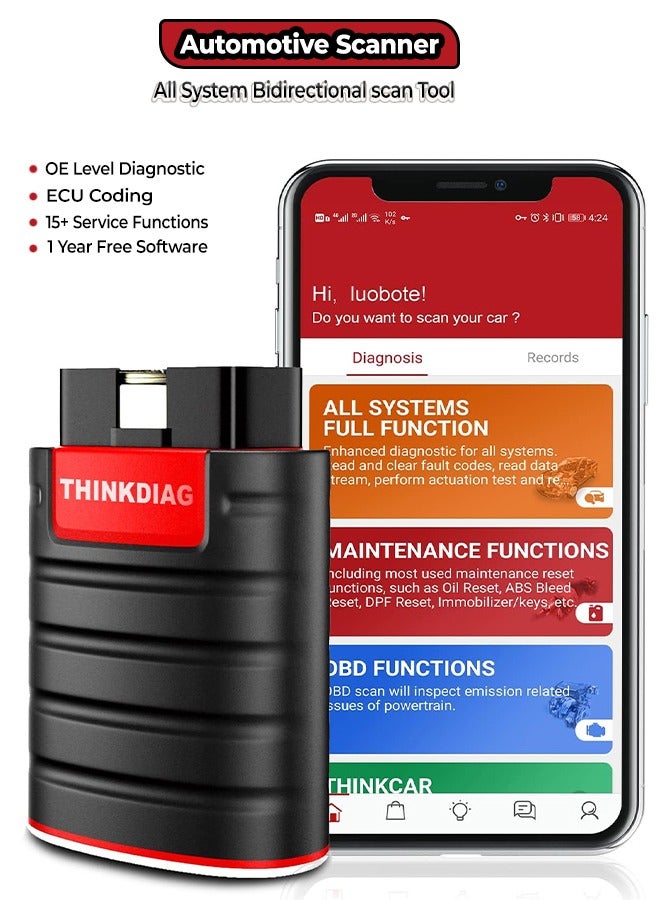 Advanced OBD2 Bidirectional Scanner with Bluetooth, All-System Bidirectional Scan Tool for OE-Level Diagnostics, ECU Coding, 15+ Functions and 1 Year Free Updates, Compatible with iPhone and Android.