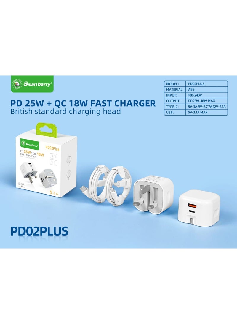 شاحن Smartbarry PD02Plus PD 25 واط + QC 18 واط سريع – قابس بالمواصفة البريطانية