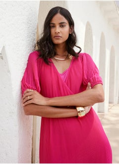 Women's  Stylish Pink Midi Dress with Puff Sleeves and Elegant Waist Tie Perfect for Any Occasion and Effortless Sophistication