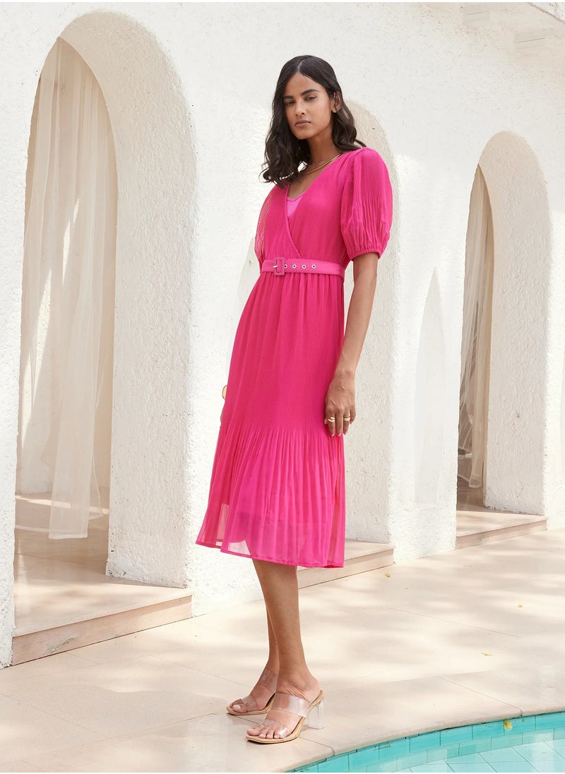 Salt Attire - Women's  Stylish Pink Midi Dress with Puff Sleeves and Elegant Waist Tie Perfect for Any Occasion and Effortless Sophistication - Image 1