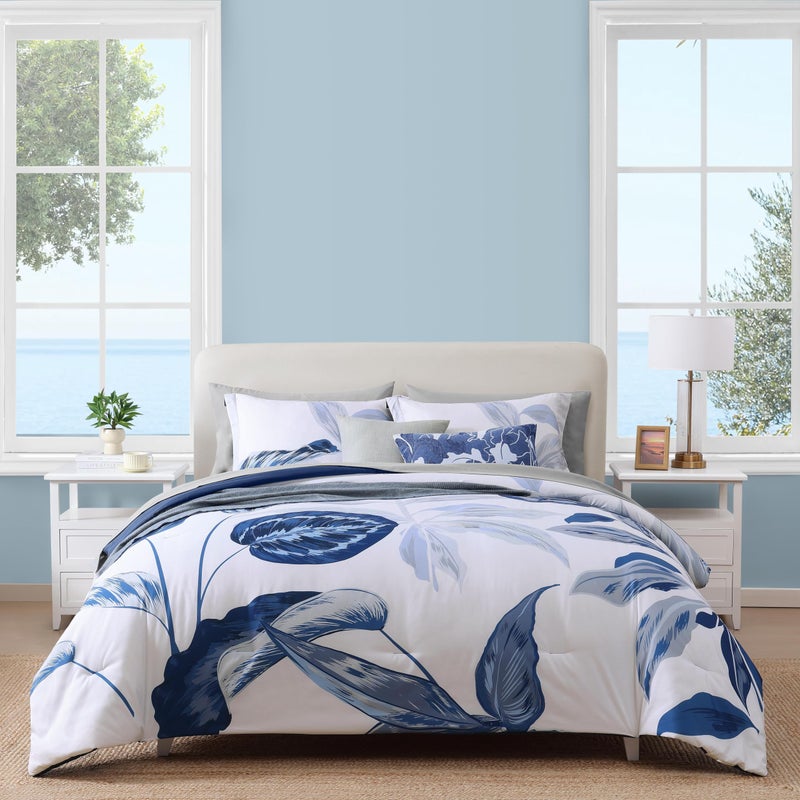WRENSONGE King Size Comforter Set 7 Pieces 7 Pieces Blue Tropical Leaves Soft Bedding Sets Coastal Bed in a Bag Botanical Printed Comforter with Sheets for All Season