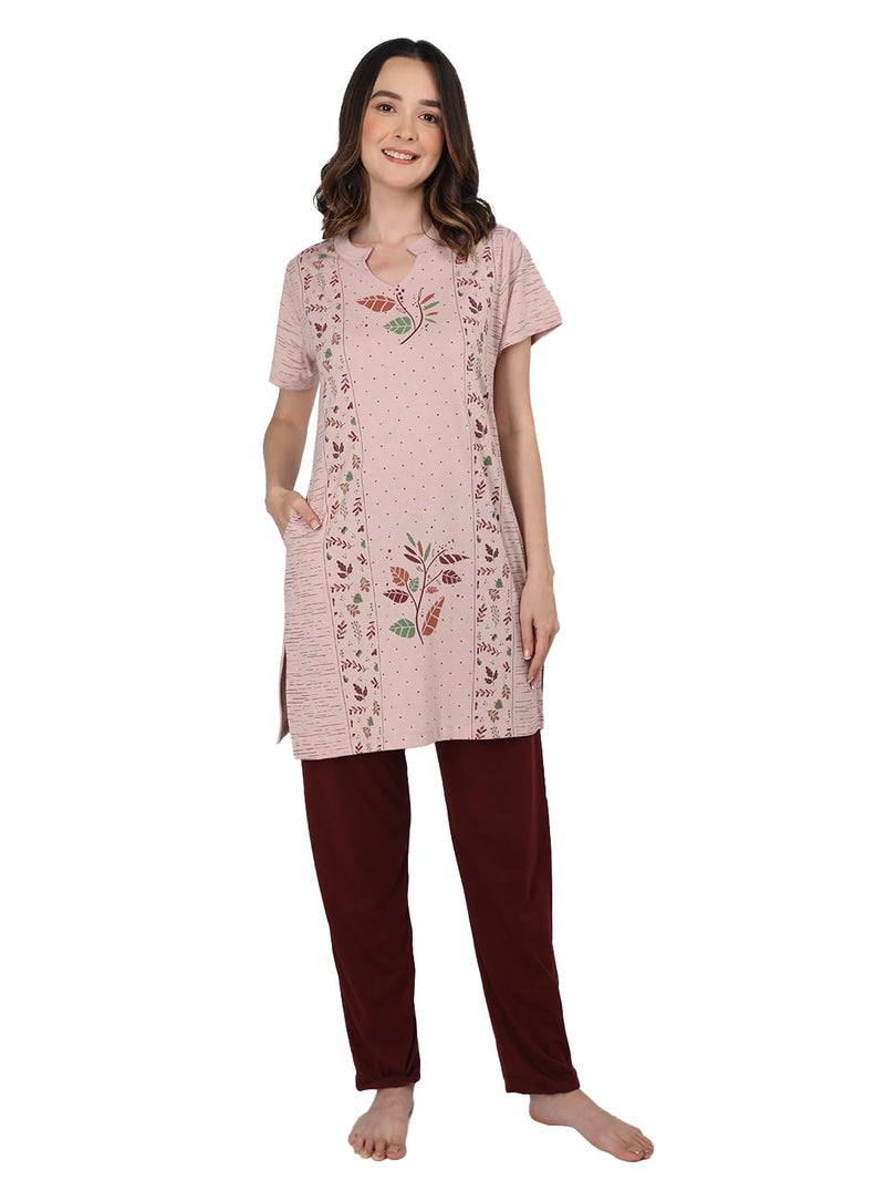Duchess Women's Cotton Printed & Embroided Long Length Night Suit Set - Pajama Set, Pink, Large - Image 1